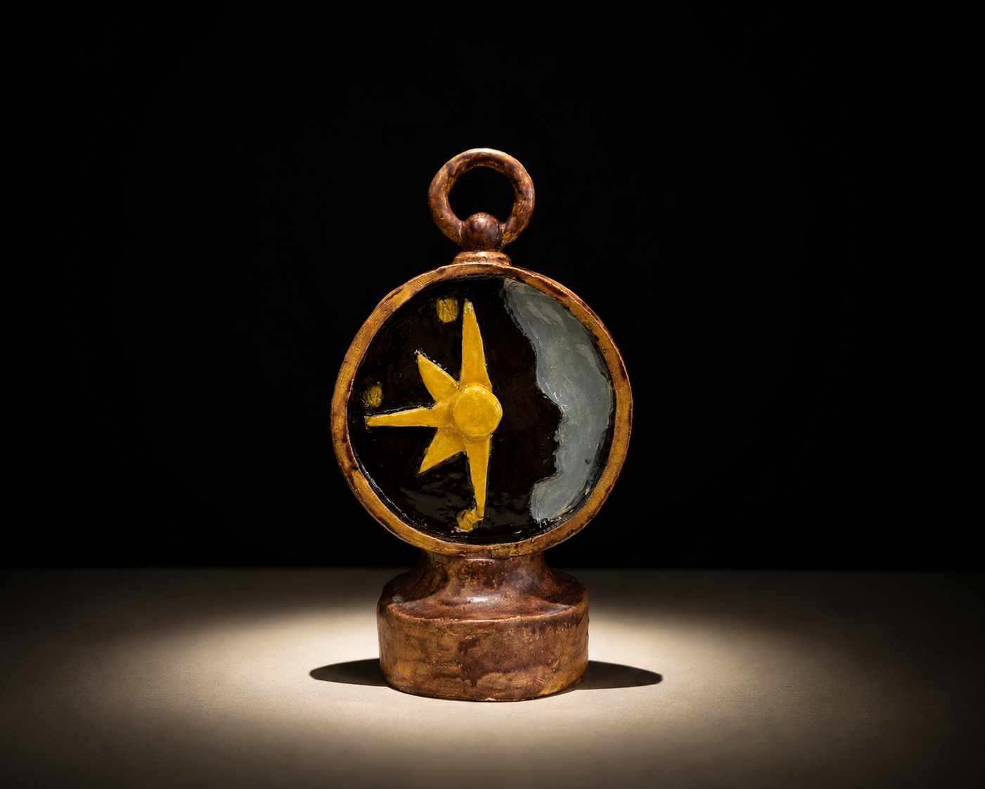 Ceramic sculpture merging a compass face and a mirror face on one pedestal