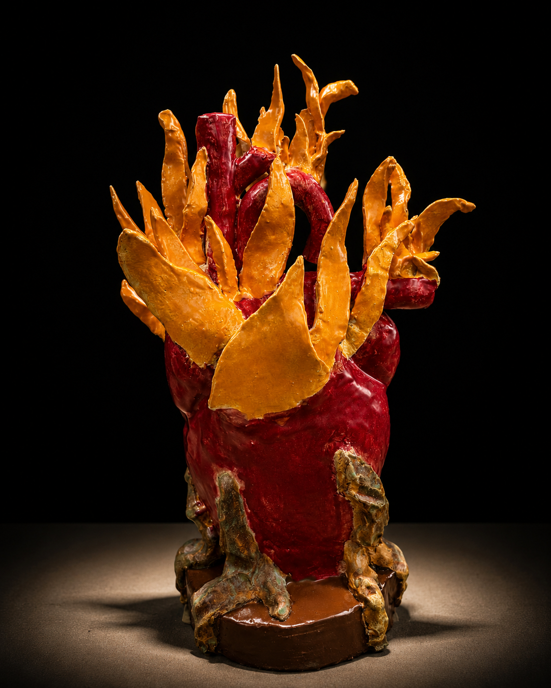 Ceramic heart sculpture with root and flame forms