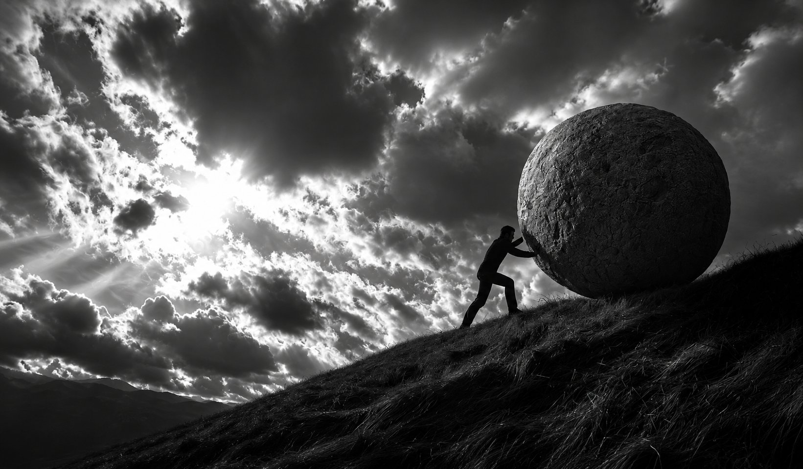 Sisyphus pushing boulder